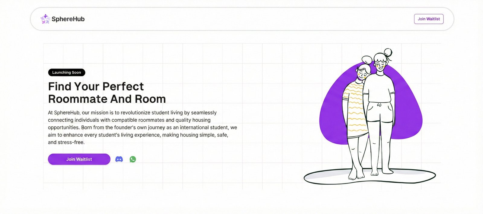SphereHub's site before the rebuild: a waitlist page with a stock line illustration on a flat purple shape
