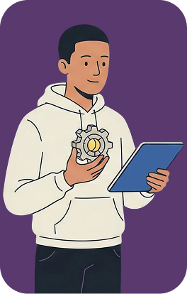 Illustration of Malik, a student in a hoodie holding a tablet and a 3D-printed part