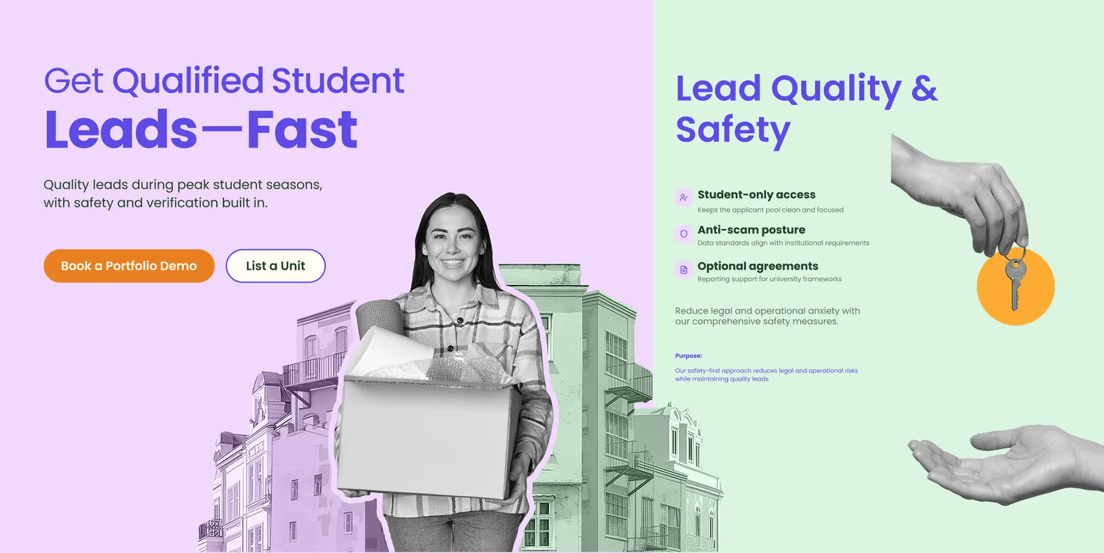 SphereHub landlord page: qualified student leads, lead quality and safety
