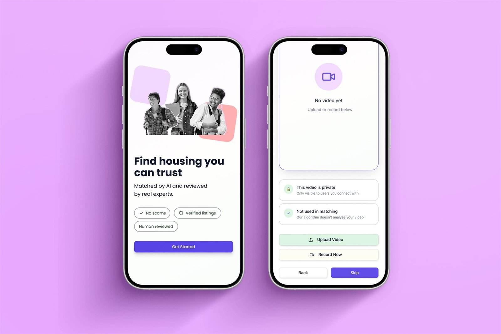 The welcome screen and the optional video intro screen side by side, each stating why it asks and what happens to the answer
