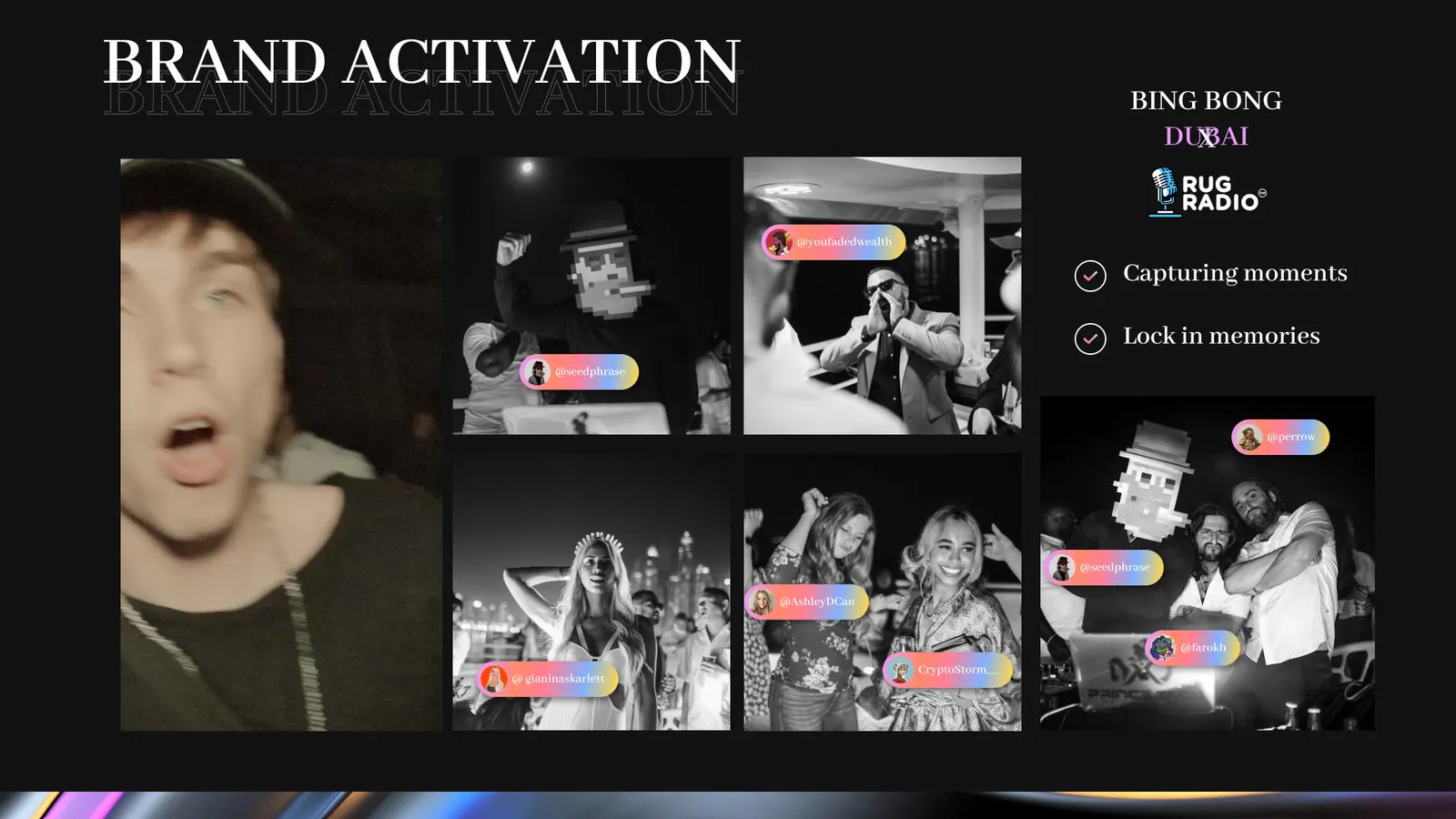 Brand Activation slide: Bing Bong and Rug Radio in Dubai, candid party photos tagged with pastel gradient handles