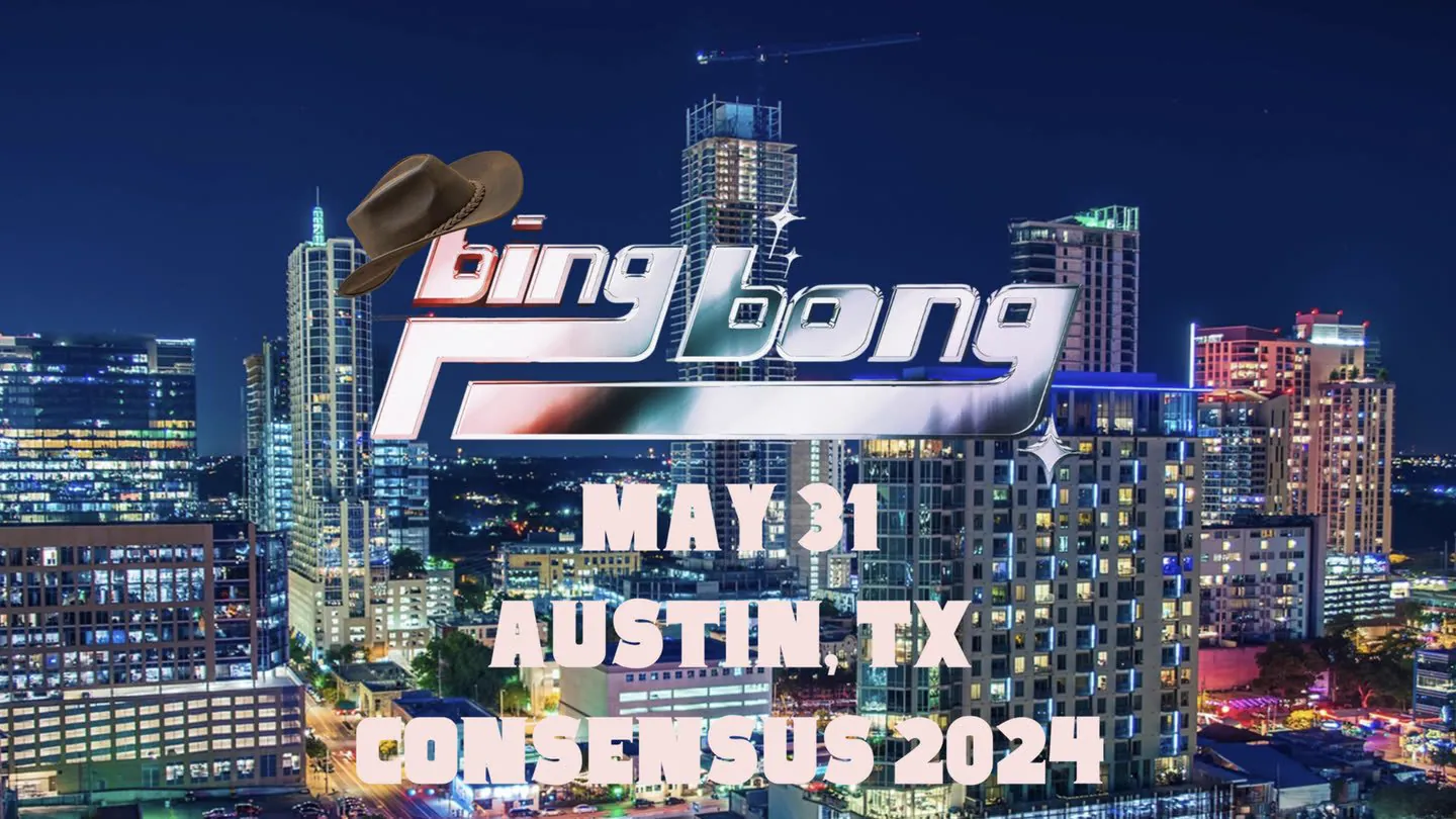 The original Bing Bong deck cover: a stock night photograph of the Austin skyline with the chrome logo composited on top wearing a cowboy hat, and May 31, Austin TX, Consensus 2024 set in pink display capitals