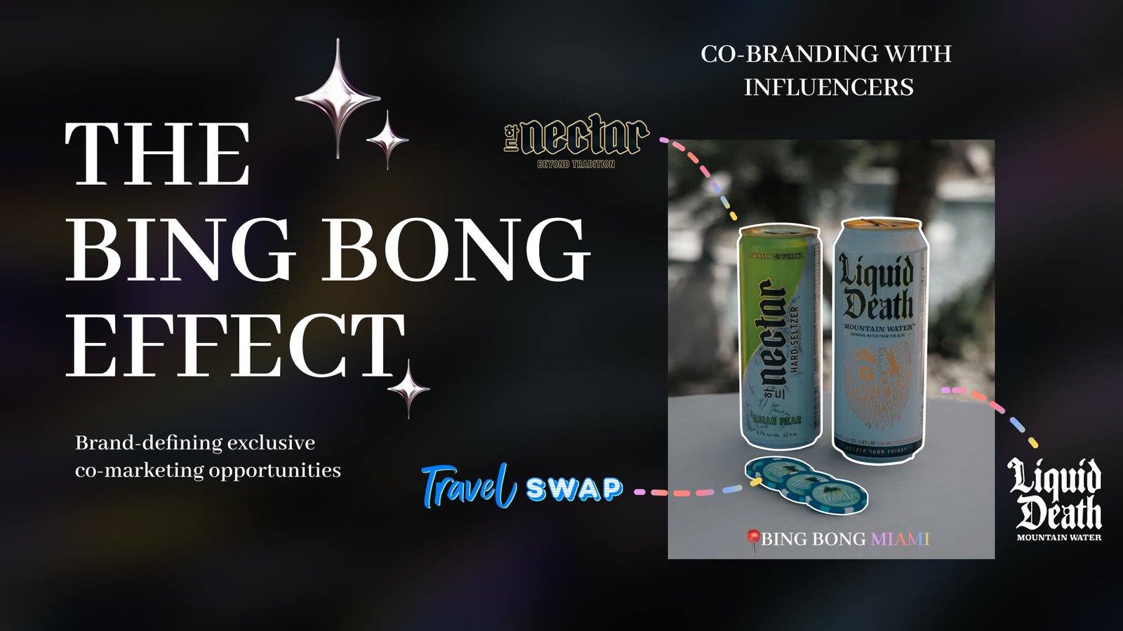 The Bing Bong Effect slide: Nectar and Liquid Death cans photographed on a table at Bing Bong Miami