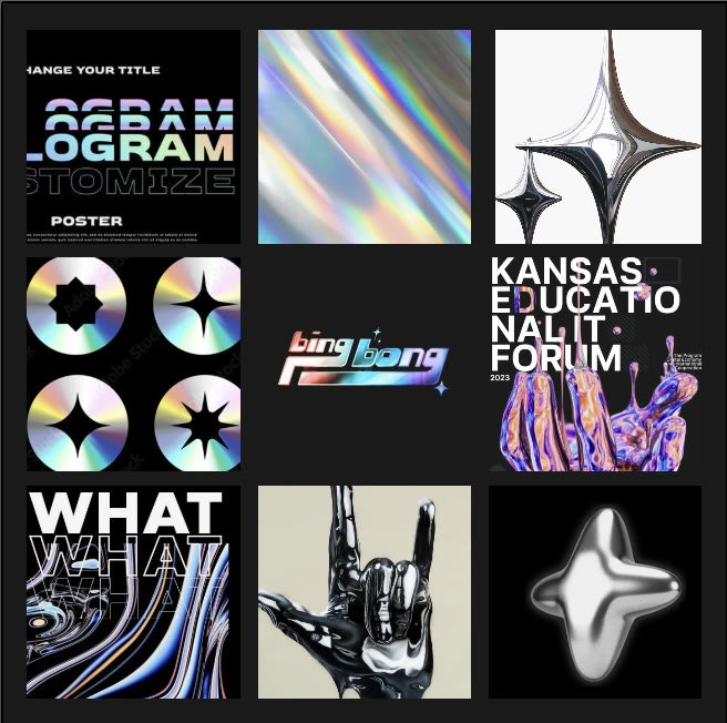 Mood board of nine reference tiles: a holographic gradient sheet, chrome four-point stars, holographic discs, the chrome Bing Bong logotype, heavy display type over iridescent forms, and a poster setting one word three times in hollow outline