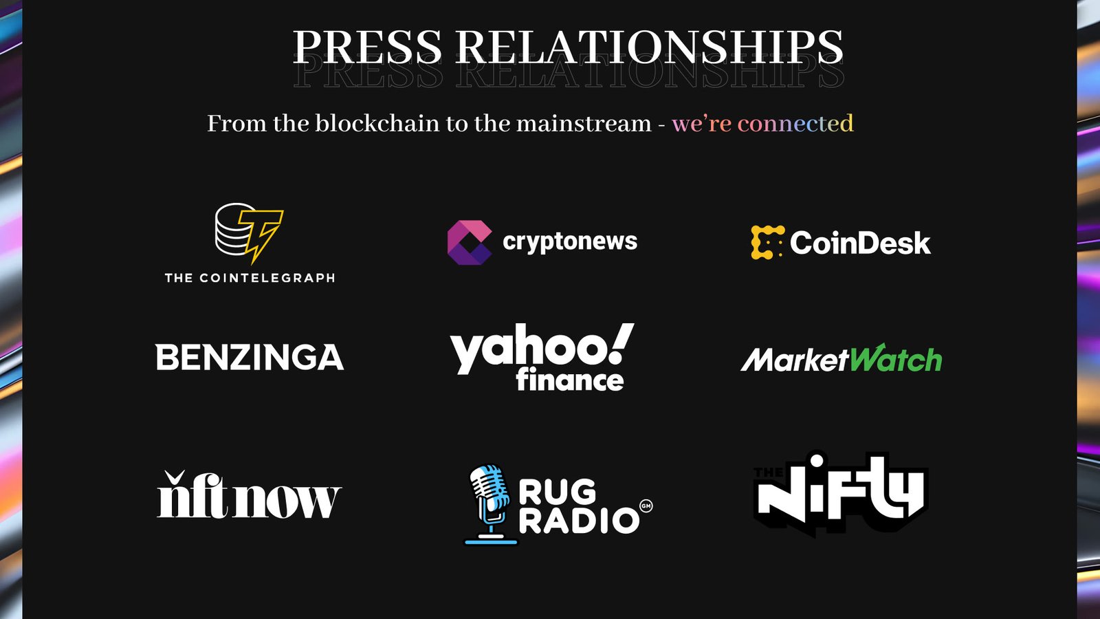 Press Relationships slide: nine outlet logos including CoinDesk, Cointelegraph, Yahoo Finance and MarketWatch