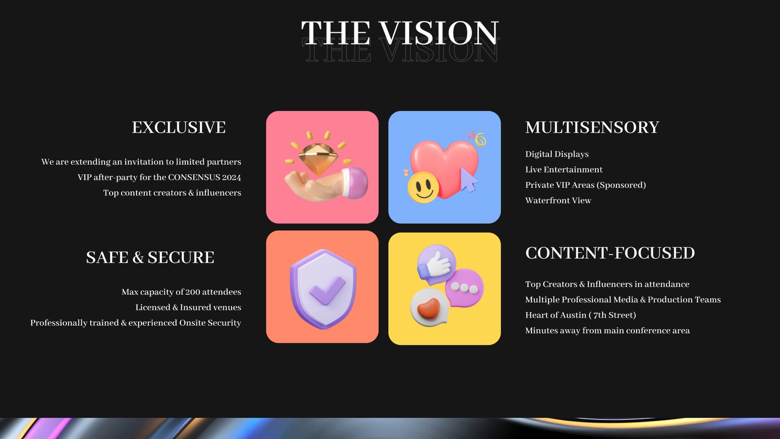 The Vision slide: four pastel icon tiles for exclusive, multisensory, safe and secure, and content focused