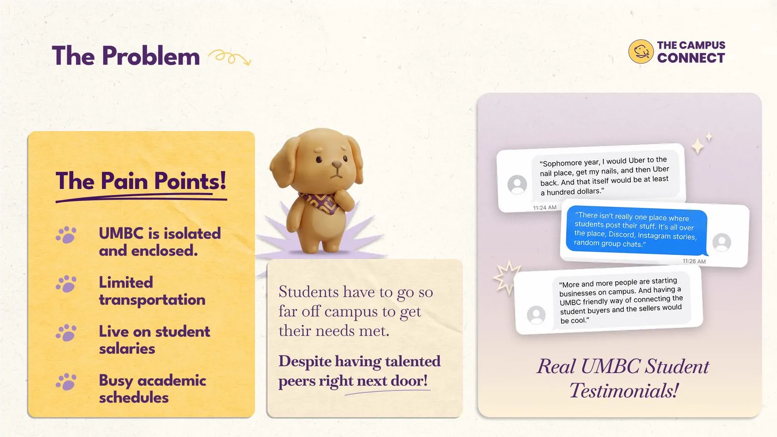 Deck slide, The Problem: four pain points, a worried Scout, and three student quotes in message bubbles