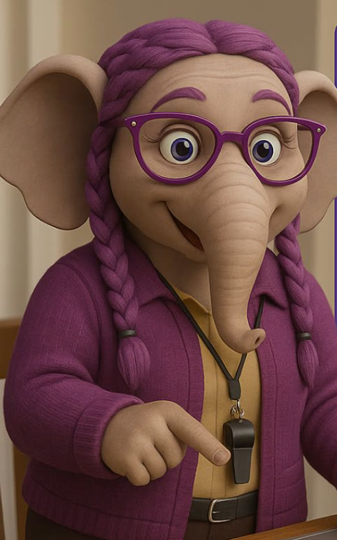 One of the AI-generated images of MOM that the brand started with: an elephant with purple braids and glasses in a purple cardigan, a whistle on a lanyard, pointing at a screen