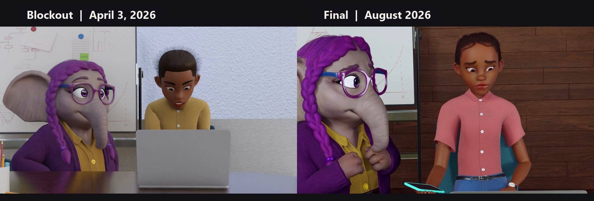 The same shot twice: on the left the rough blockout with a placeholder character, on the right the final frame with wood panelling and the finished protagonist