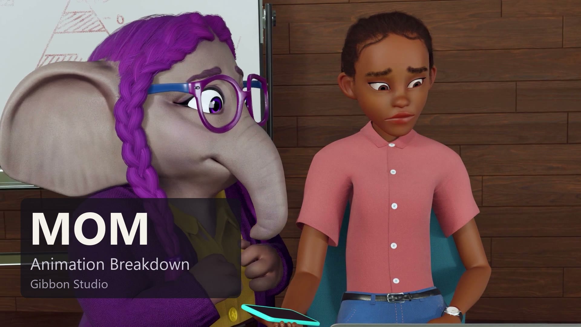 Opening frame of the breakdown: MOM beside a young woman in a pink shirt in a wood-panelled office, with the title MOM Animation Breakdown, Gibbon Studio