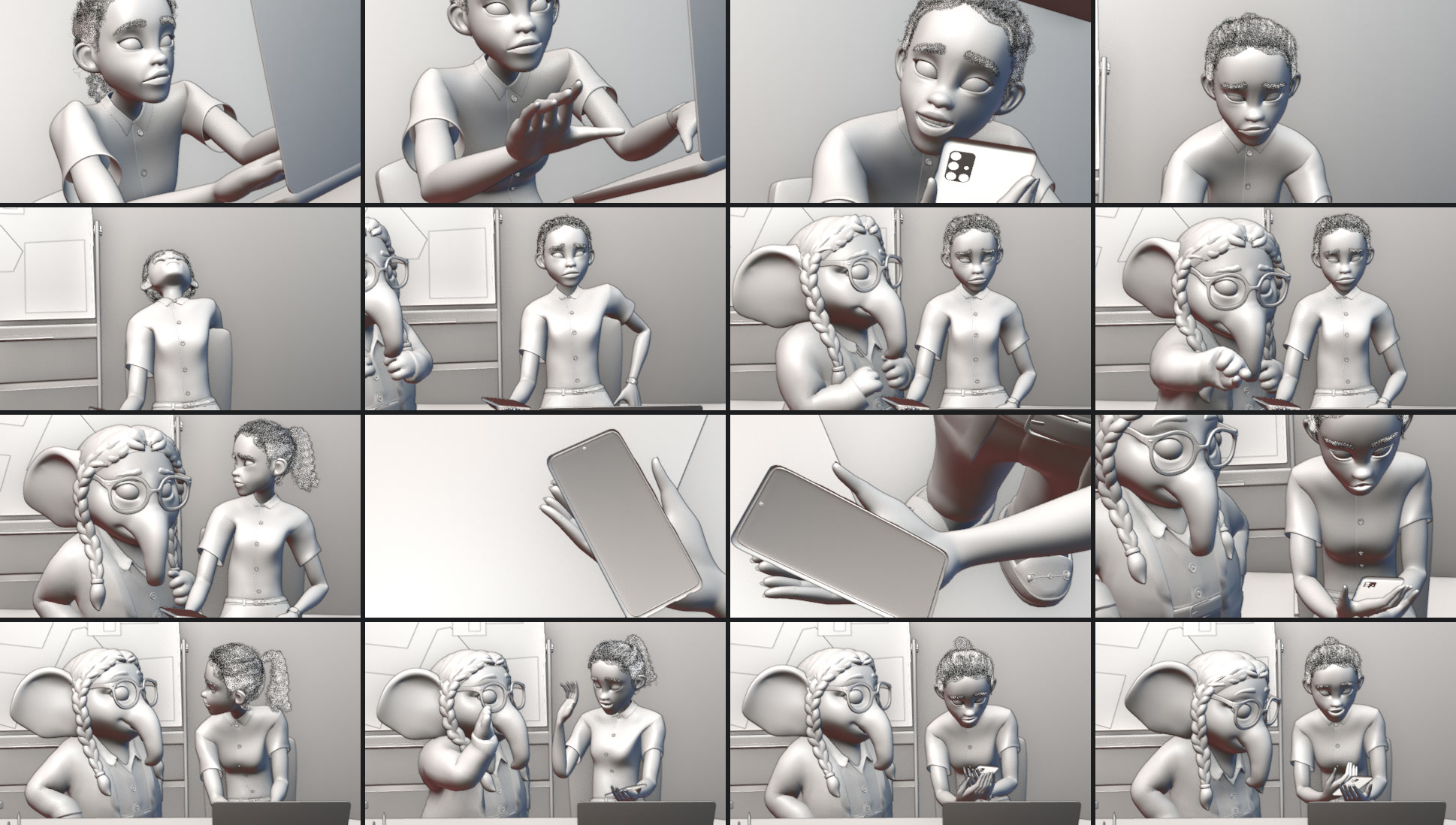 Sixteen frames from the film in a four by four grid, from the protagonist at her desk through MOM's entrance and the phone-screen moment to the closing high five