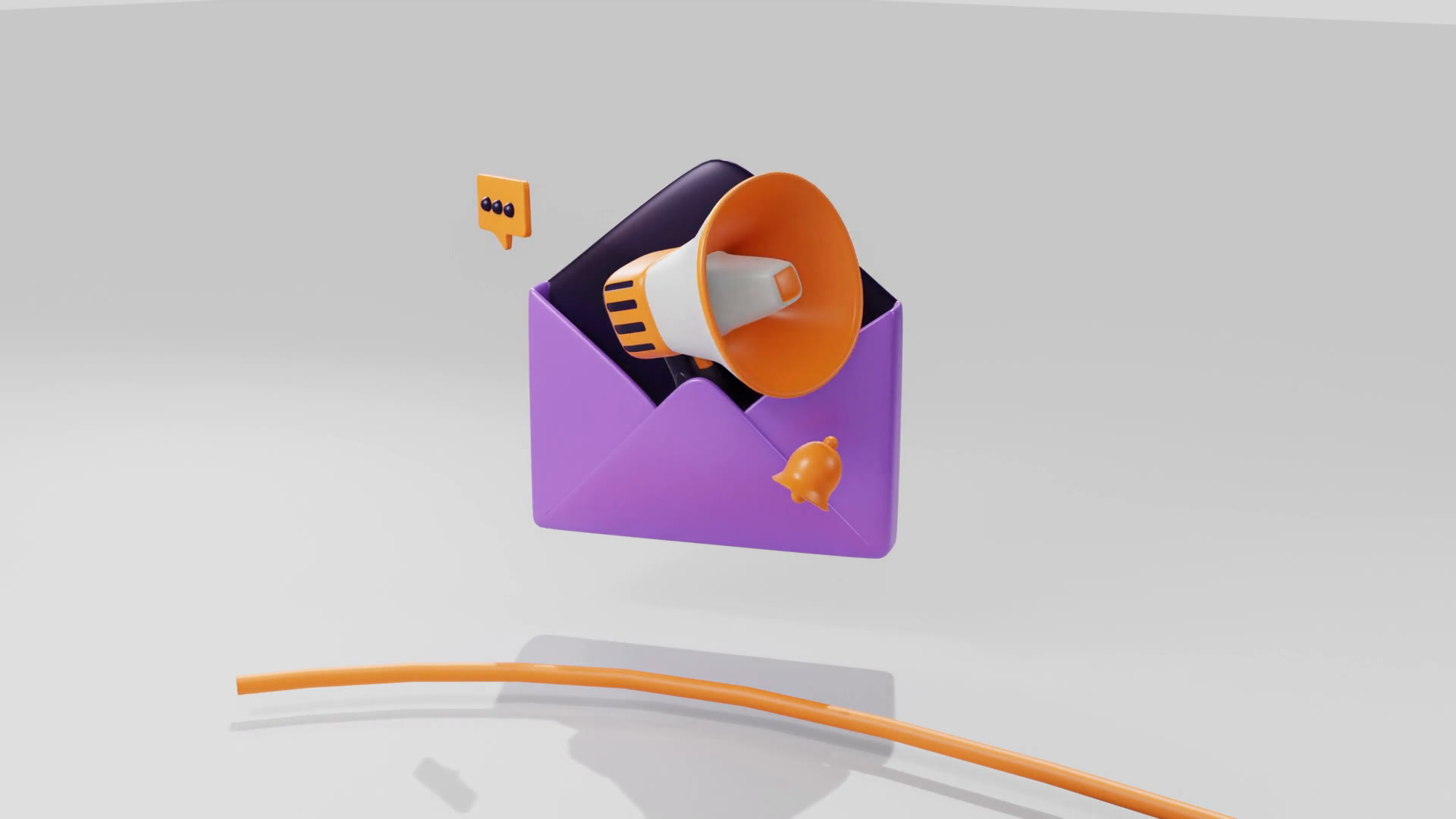 The finished icons: a purple envelope with an orange megaphone, a bell and a speech bubble, above a glowing orange path