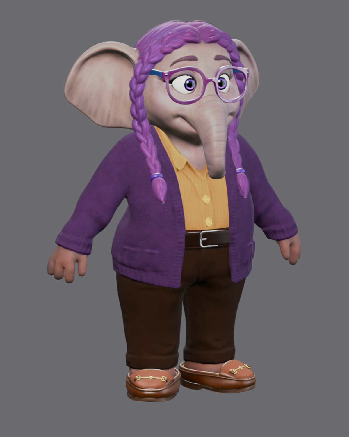 MOM fully textured: light grey skin, purple braids, purple glasses, purple cardigan over a yellow shirt, brown trousers and loafers