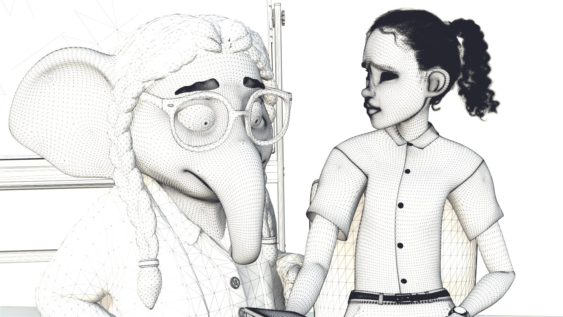 One frame of the film as a wireframe: MOM and the protagonist drawn in dense mesh lines
