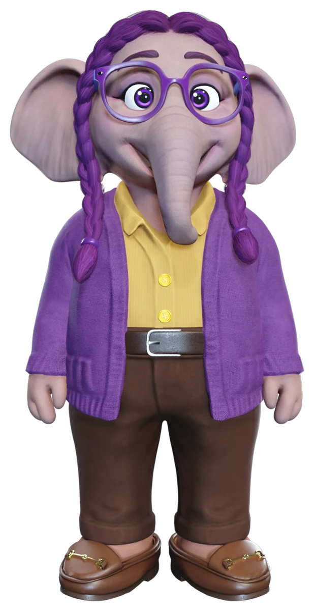 MOM standing, facing forward, smiling, as the finished 3D character
