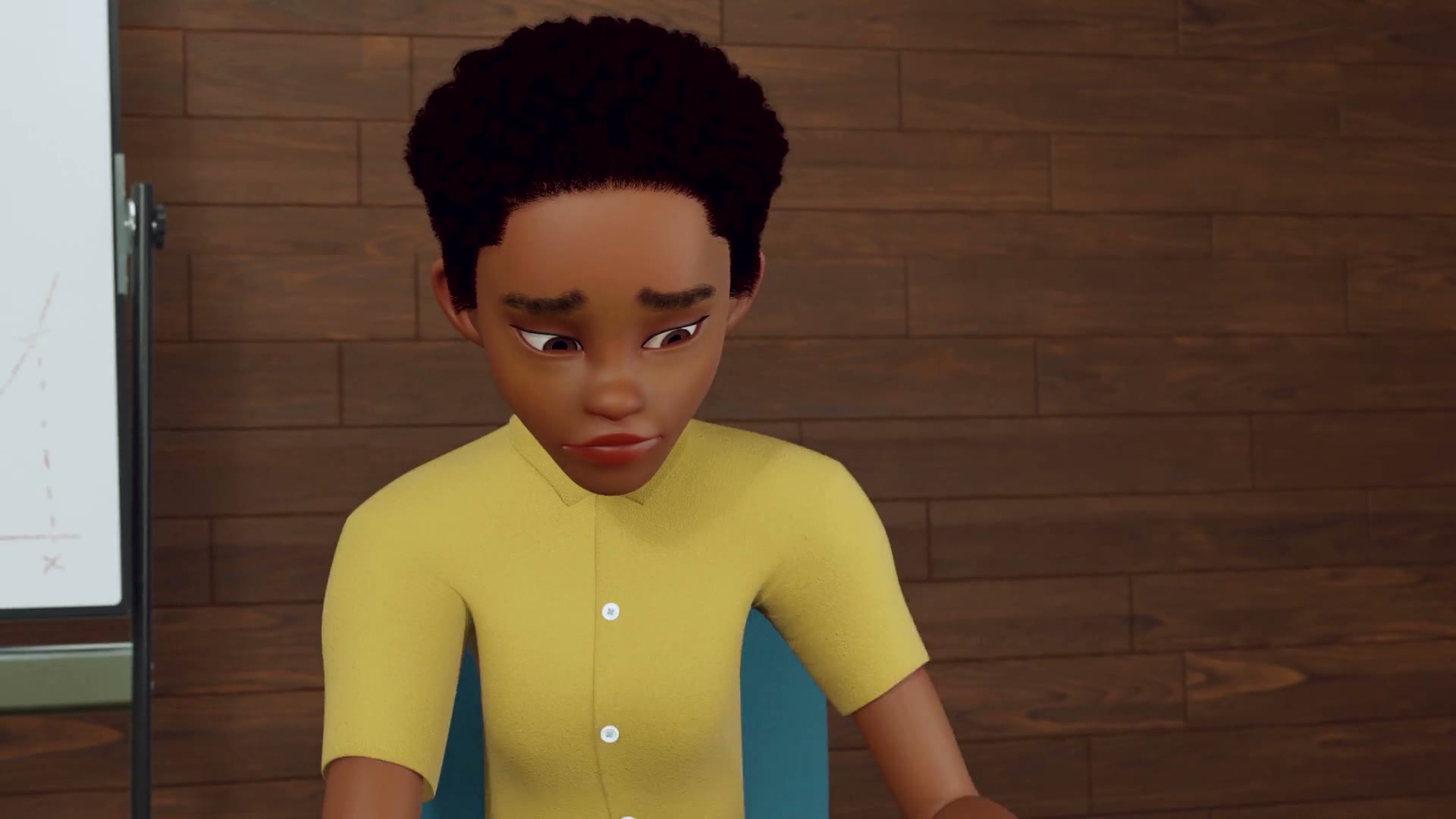 The protagonist in an early draft: short hair and a yellow shirt