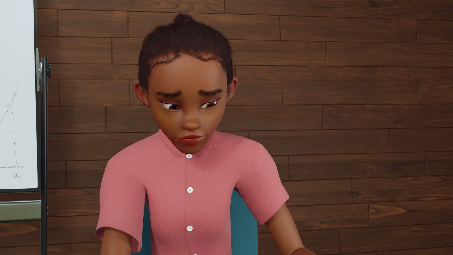 The protagonist in the final film, same shot: hair tied up and a red shirt