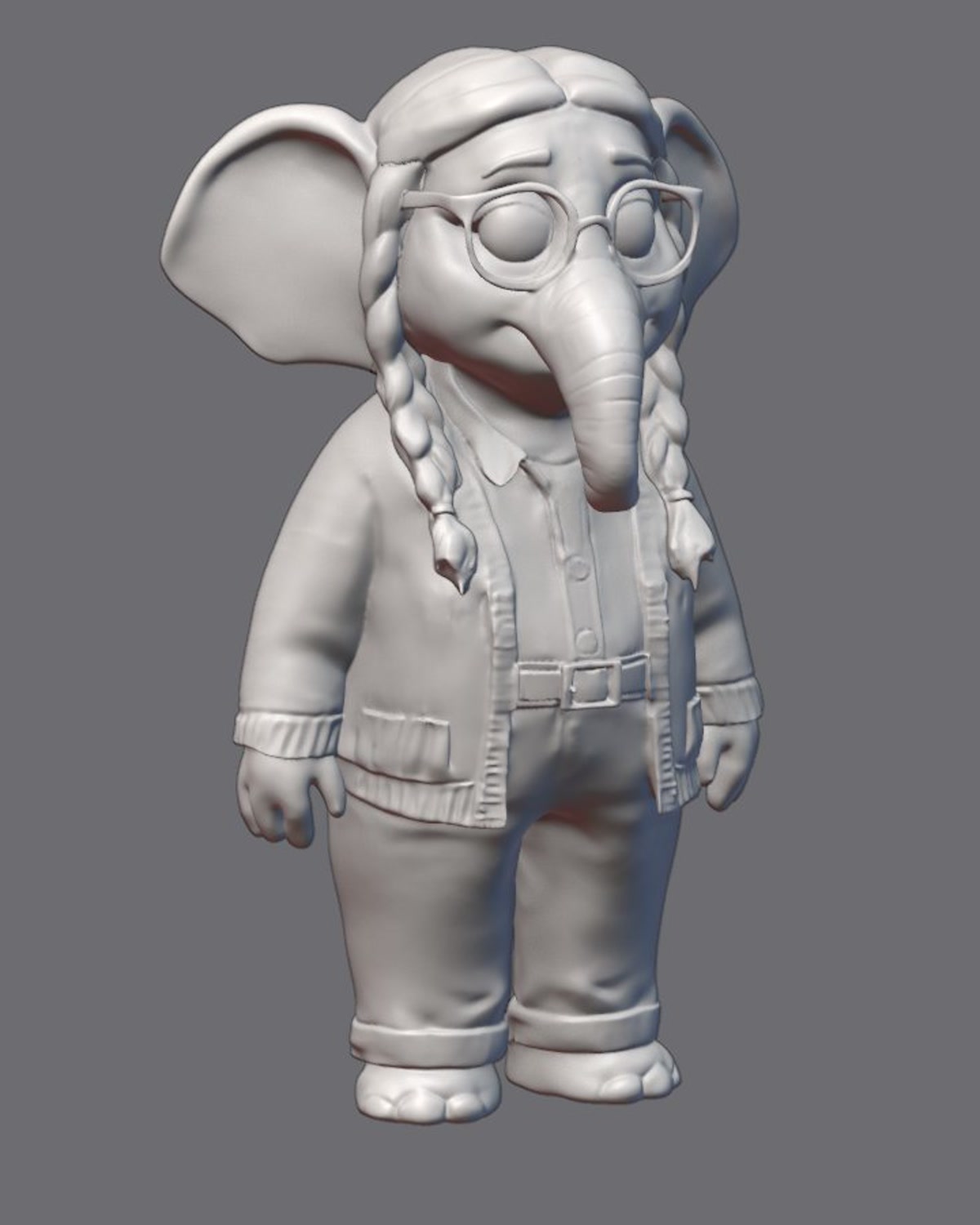 The ZBrush sculpt of MOM rendered as plain grey clay, three-quarter view