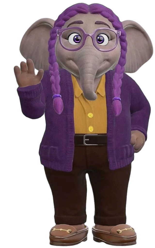 MOM, a light grey elephant with purple braids and purple glasses, in a purple cardigan, yellow shirt and brown trousers, waving