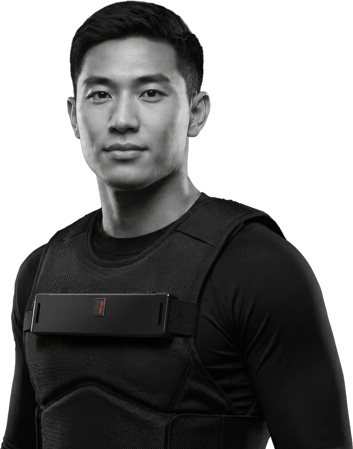 Athlete in a black sparring vest with the Strike Sense sensor strapped across the chest