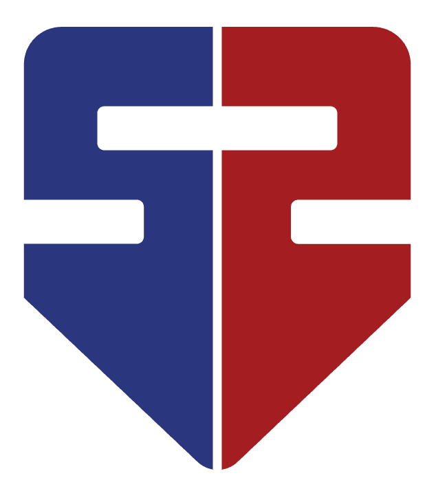 Strike Sense brandmark: a shield split blue and red