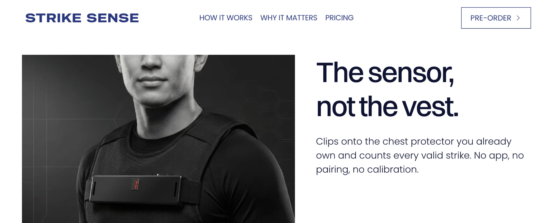 Top of the pre-order page: the sensor on an athlete beside the headline The sensor, not the vest
