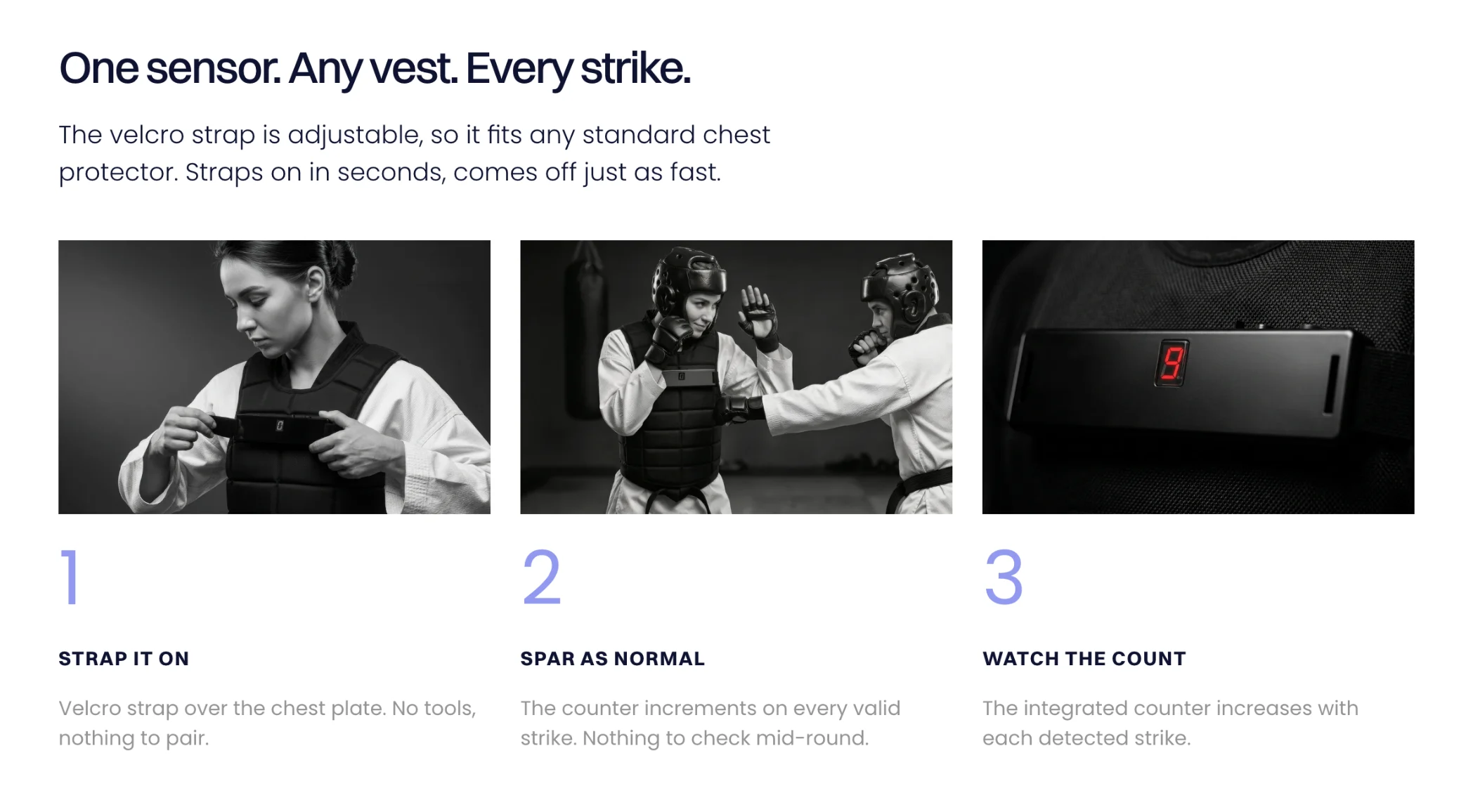 The pre-order page's three steps: strap it on, spar as normal, watch the count