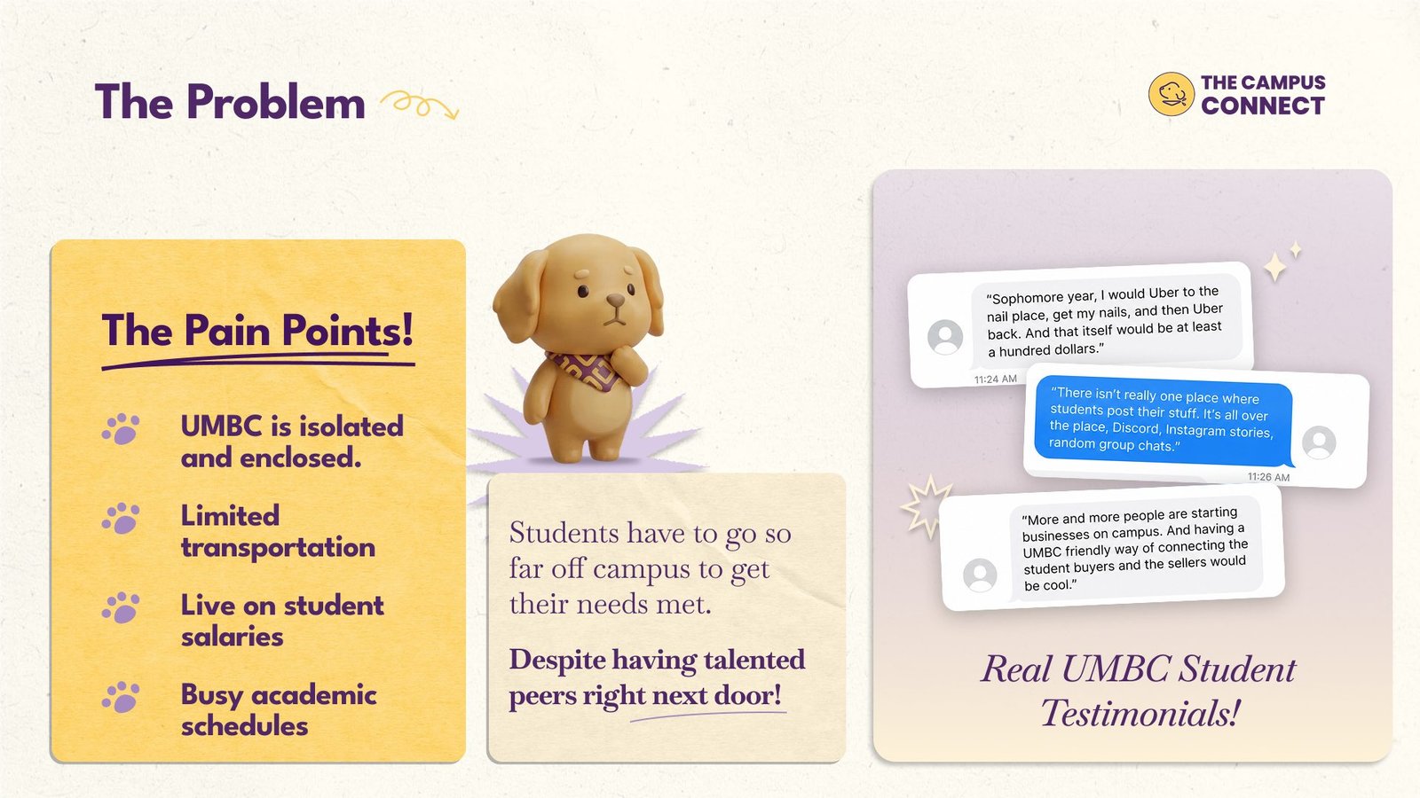 Deck slide, The Problem: four pain points, a worried Scout, and three student quotes in message bubbles