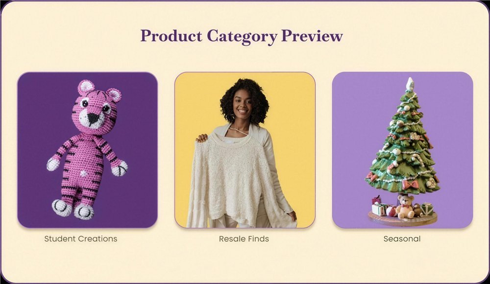 Product category preview: student creations, resale finds, seasonal