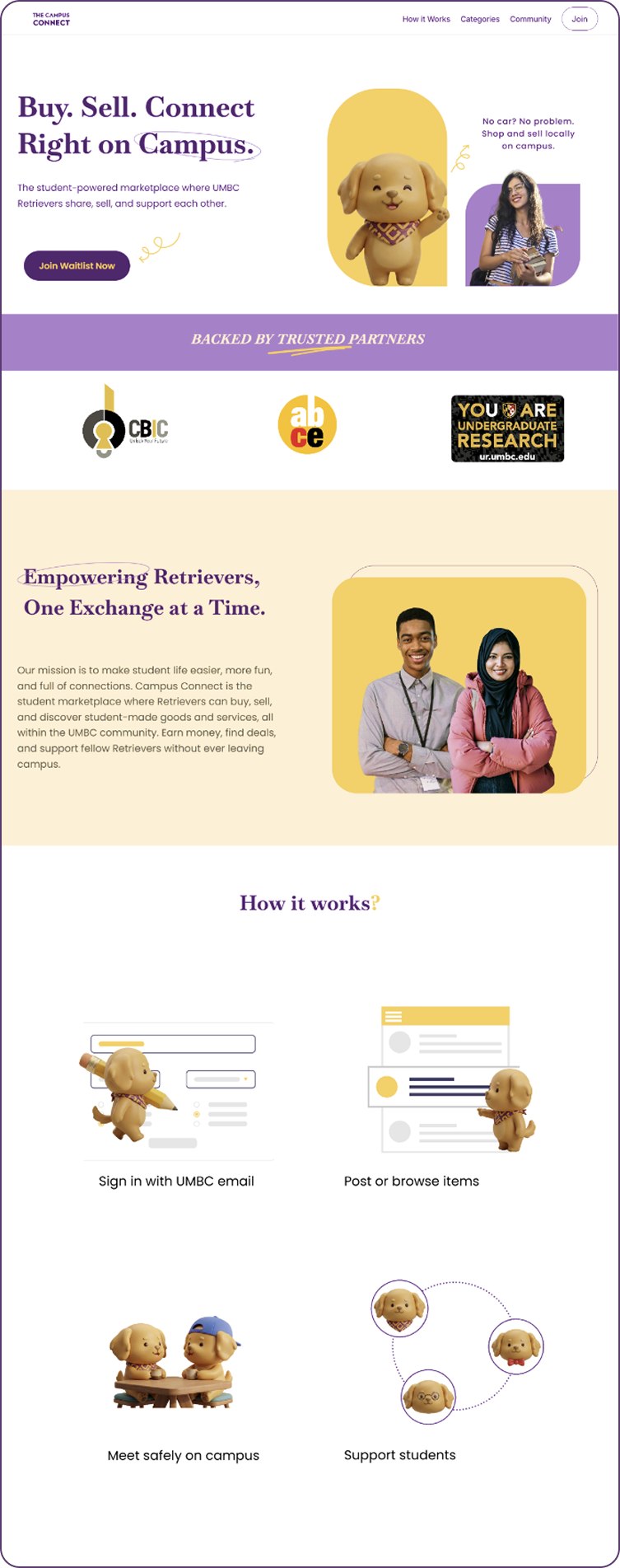 The full landing page, top to bottom: hero, categories, how it works, student quote, and waitlist form