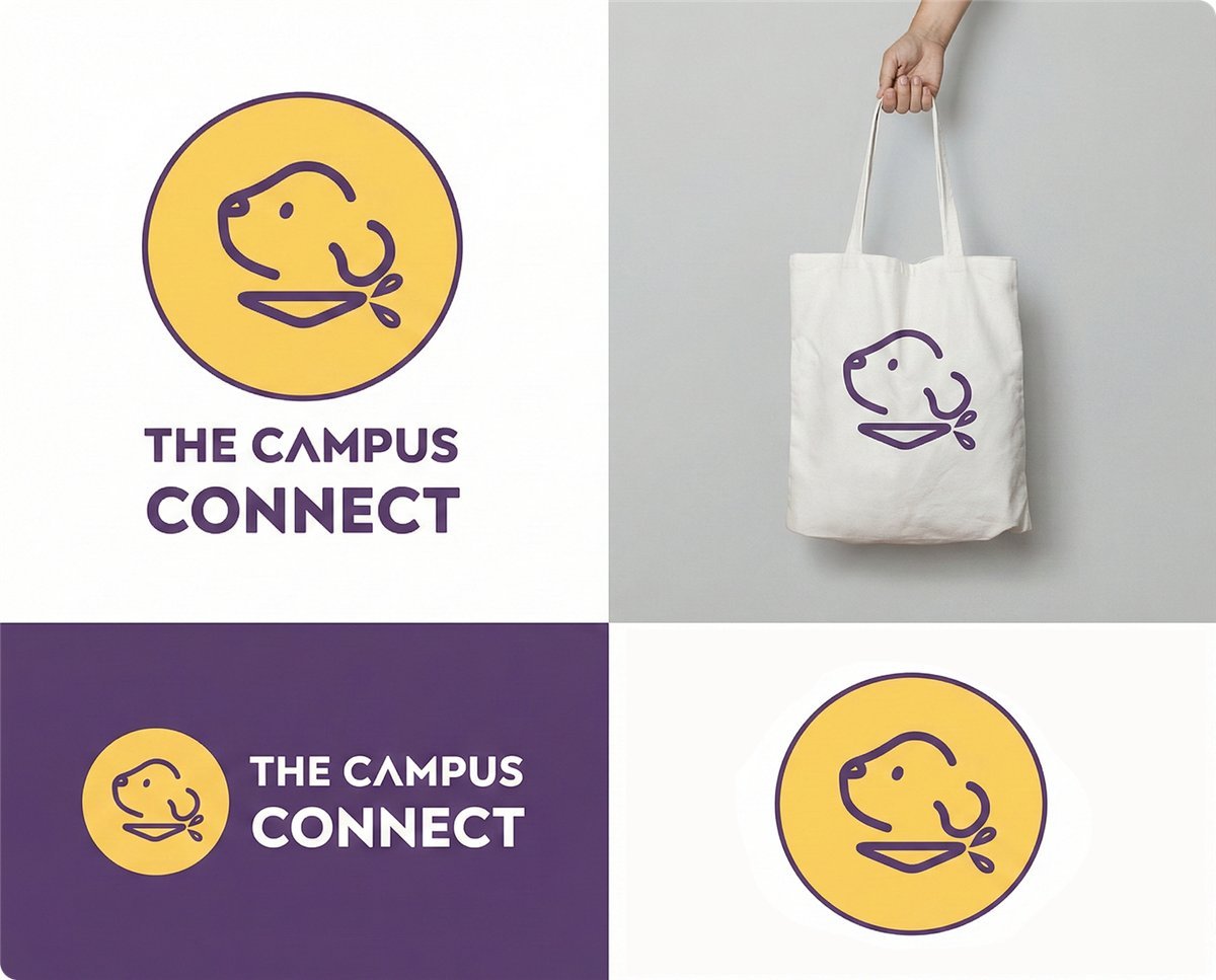 The Campus Connect logo lockups: stacked, horizontal, icon only, and printed on a tote bag