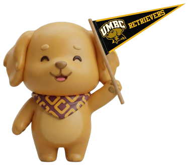 Scout the mascot holding a UMBC Retrievers pennant